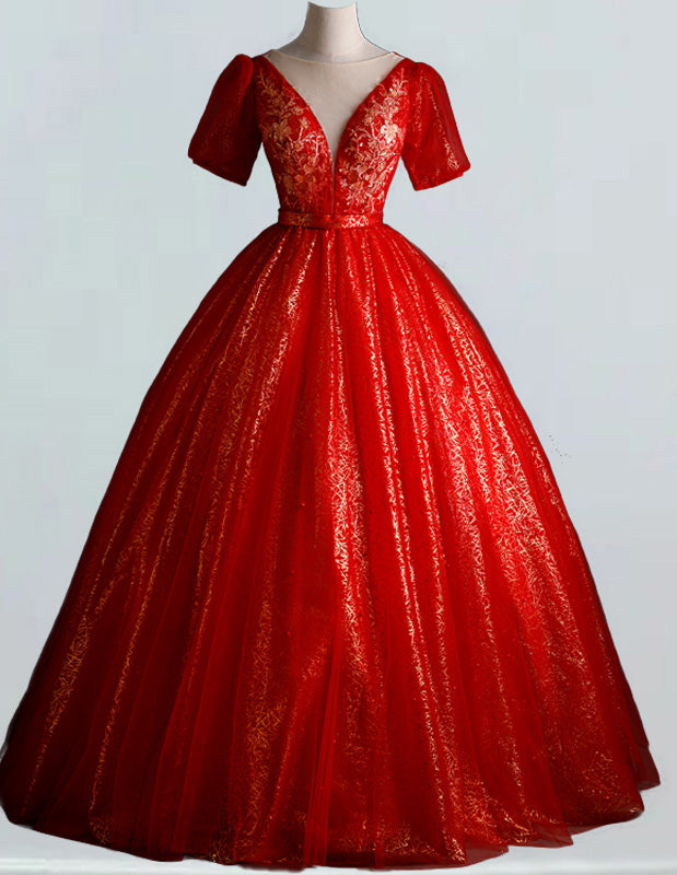 Women's Red Sequin V-Neck Tulle Evening Ball Gown | Elegant Prom & Bridesmaid Dress