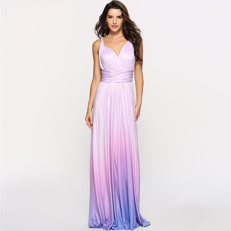 Wear More Wear Criss Cross Backless Sexy Lace-up Gradient Color Maxi Dress