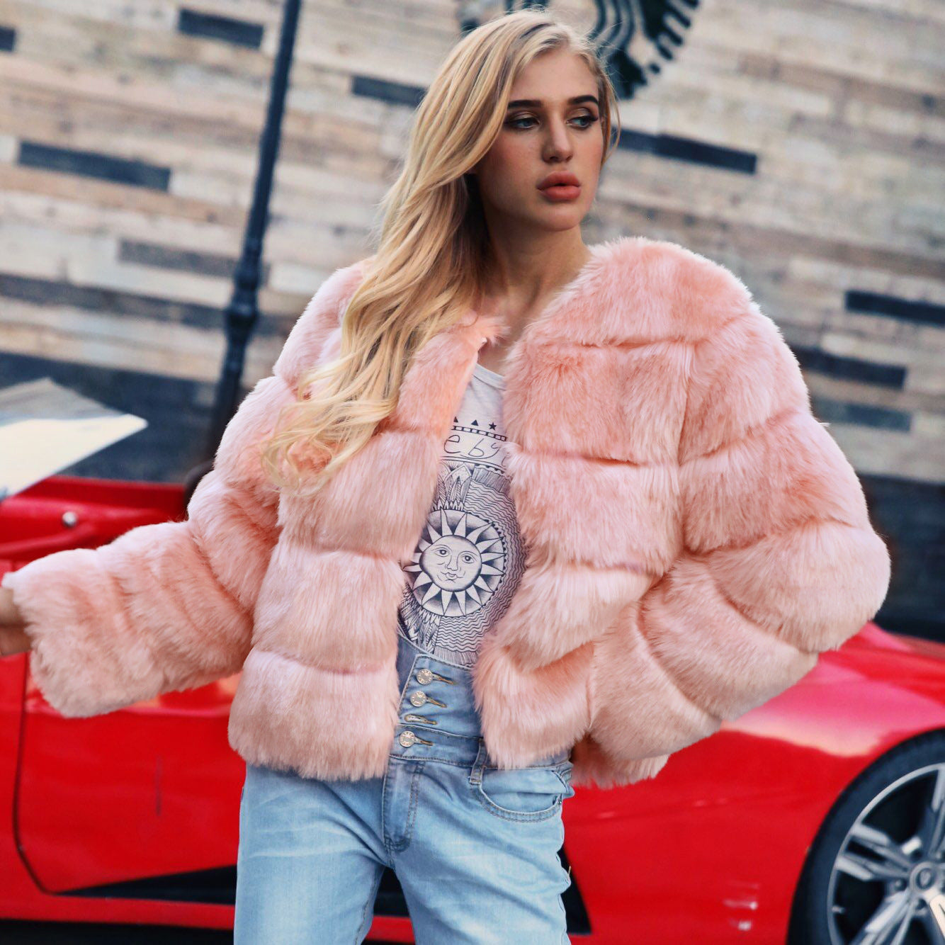 Fall Winter Faux Fur Cross Groove Coat Women Coat Fox Fur Short Overcoat Coat