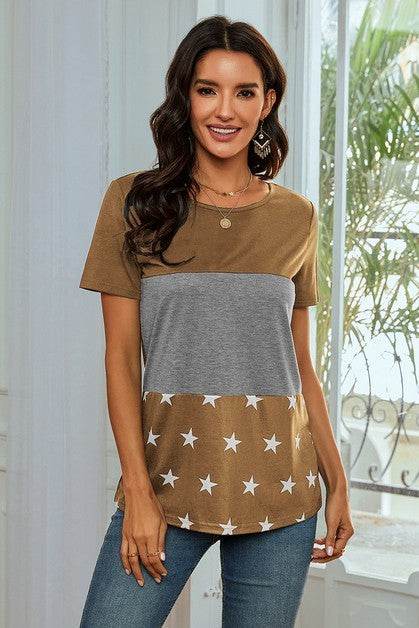 Star Print Color Block Round Neck T Shirt