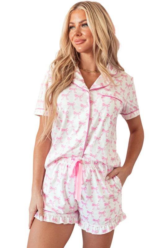 Pink Short Sleeve and Ruffled Shorts Pajama Set