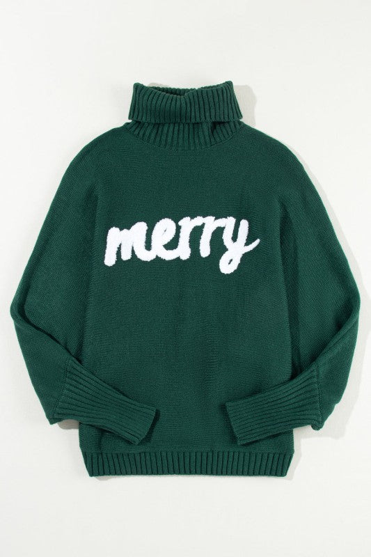 Christmas Merry Embroidered Puff Sleeve Turtleneck