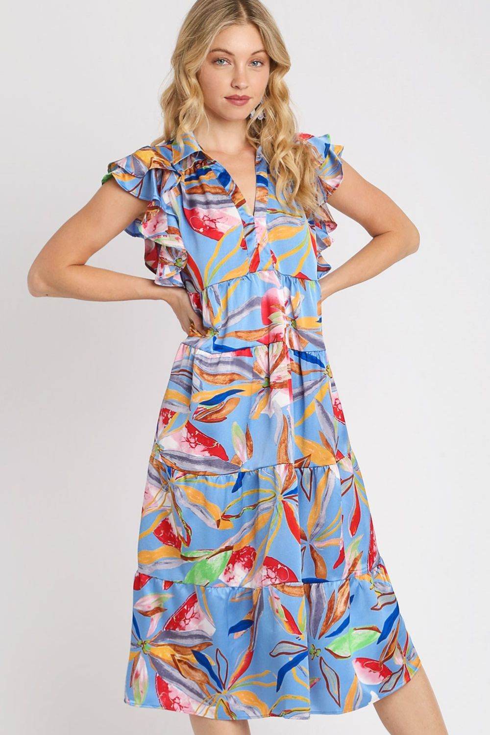 Umgee Full Size Leaf Print Double Layered Ruffle Sleeve Tiered Midi Dress Plus Size