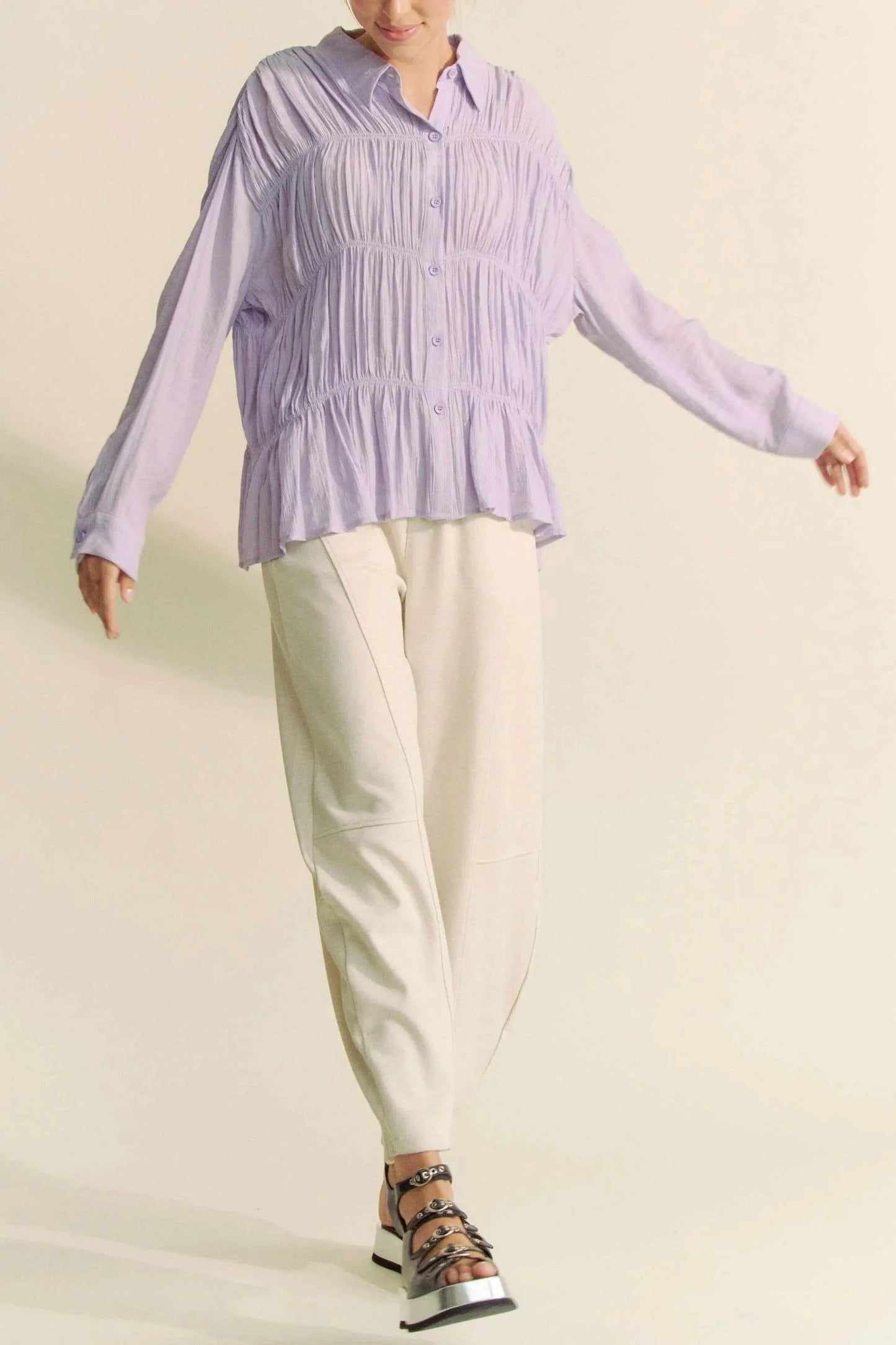 Davi & Dani Ruched All Over Button Front Shirt