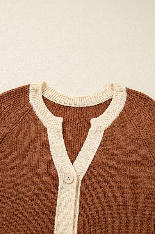 Contrast Trim Buttoned V-Neck Cropped Cardigan
