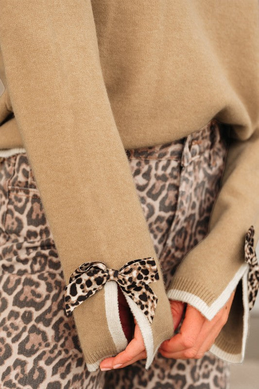 Leopard Bow Split Cuff Contrast Trim Sweater