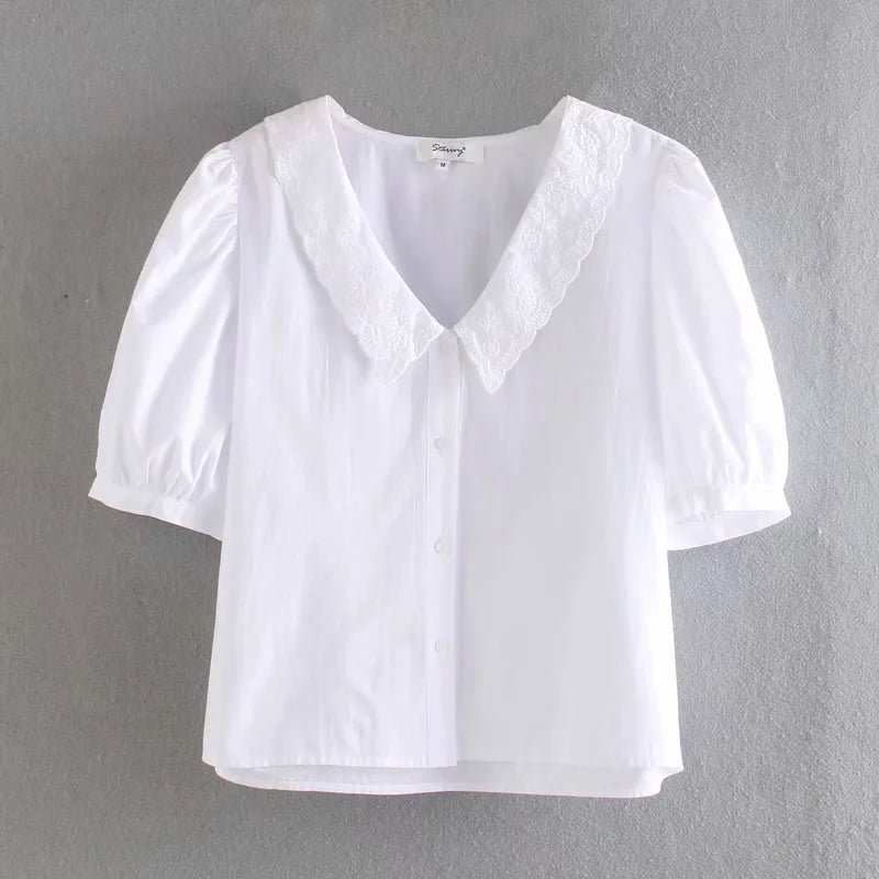 Eyelet Embroidered Collar French Shirt