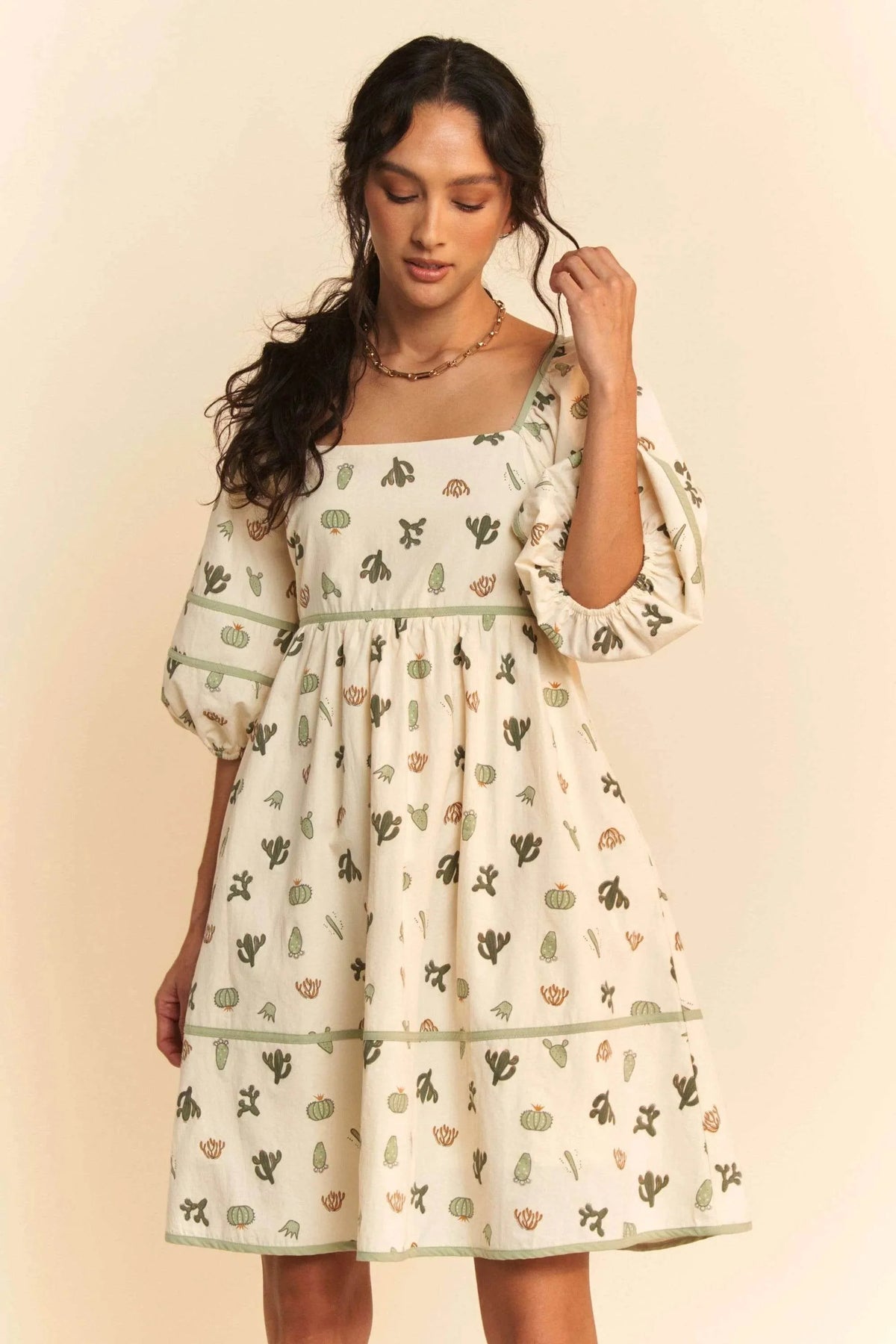 Davi & Dani Cactus Printed Poplin Contrast Piping Mini Dress