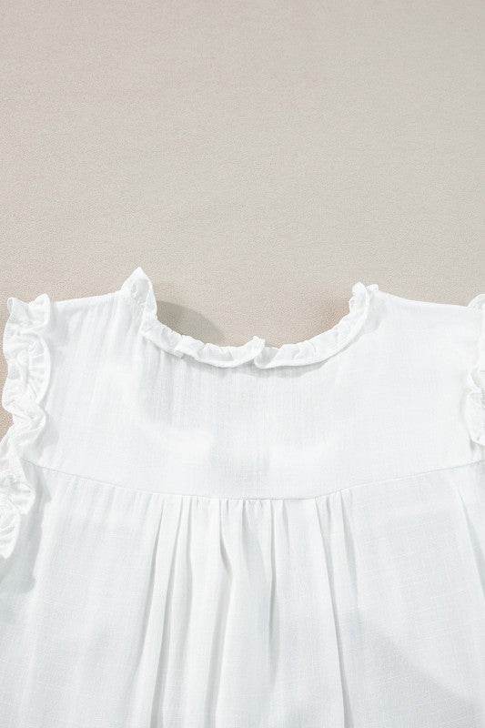 Savan Button Split Neck Ruffled Trim Tank Top
