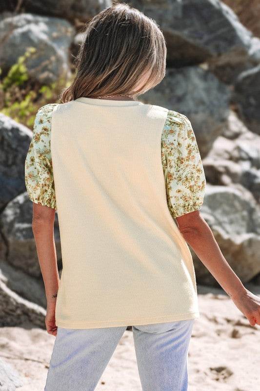 Rayne Floral Bubble Sleeve Patchwork Ribbed Top