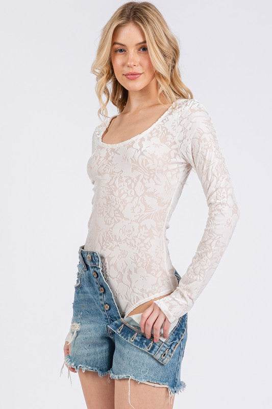 Ces Femme Velvet Floral Long Sleeve Bodysuit