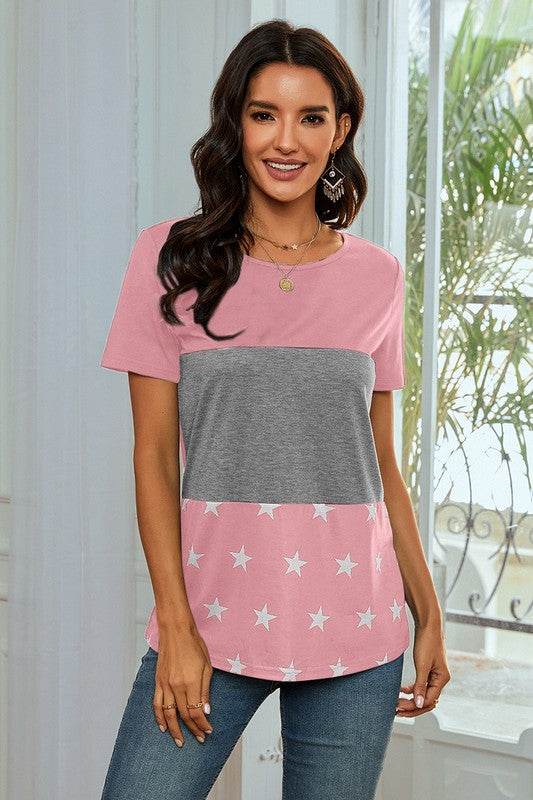 Star Print Color Block Round Neck T Shirt