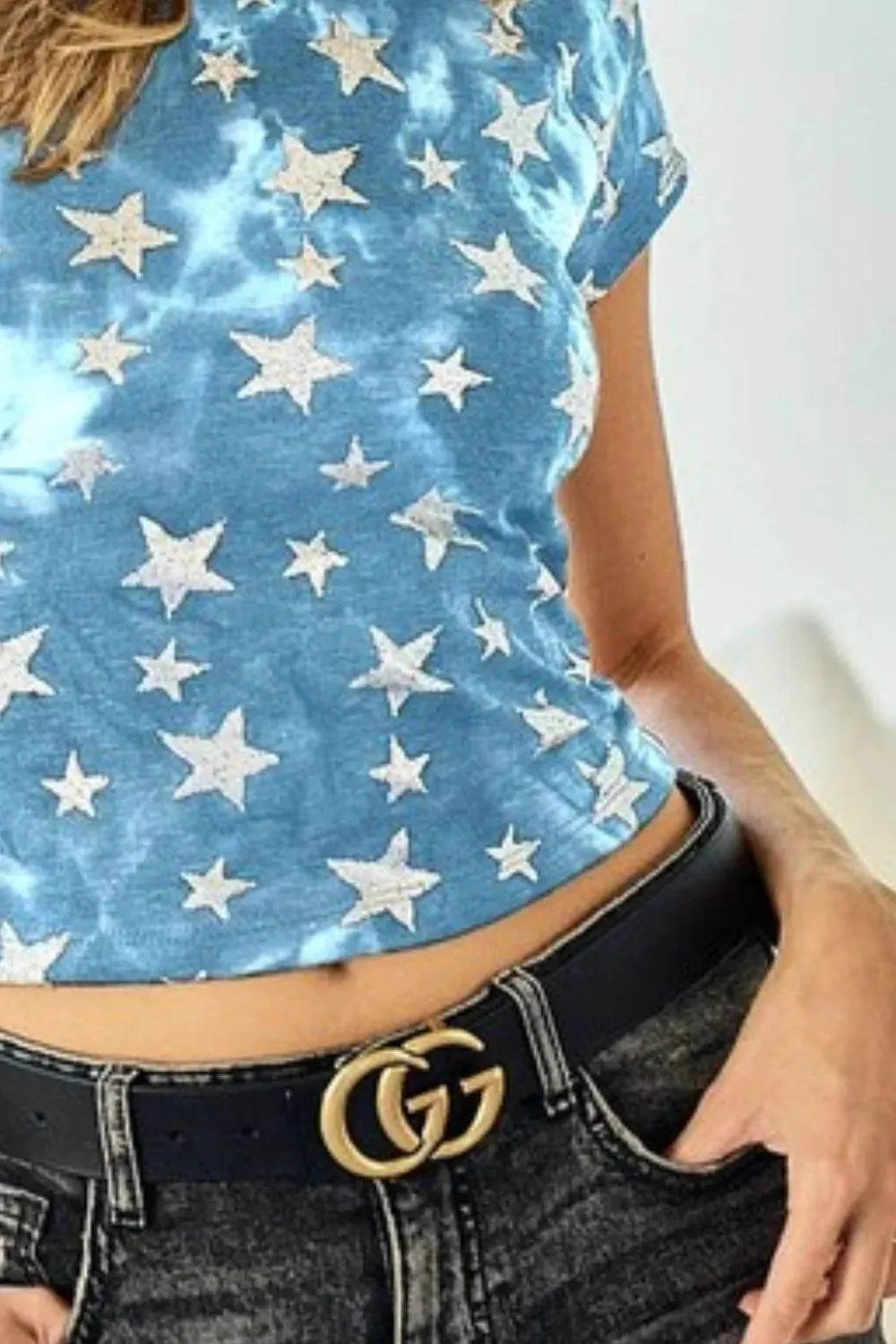 BiBi Star Print Knit Back Cut Out and Plaid Tied Top