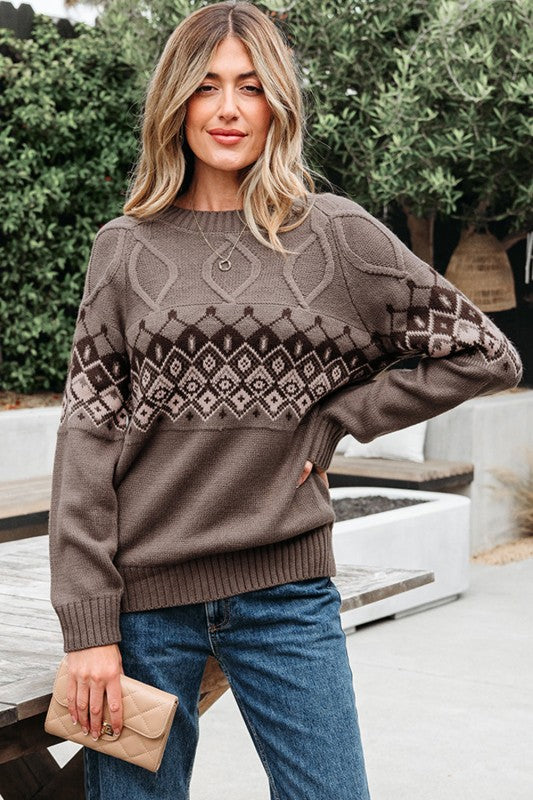 Alana Western Geometric Patterned Crew Neck Knitte