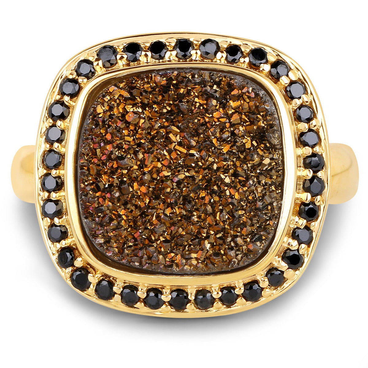 14K Yellow Gold Plated 6.19 Carat Genuine Drusy Quartz and Black Spinel .925 Sterling Silver Ring