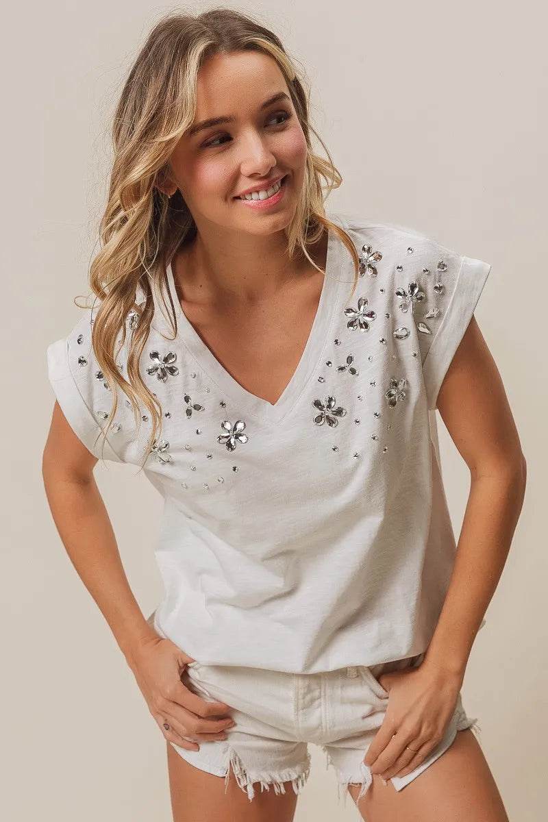 BiBi Slub Jersey Rhinestone V Neck Top