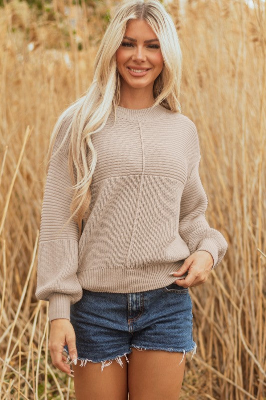 Ribbed Patchwork Textured Knit Puff Sleeve Sweater