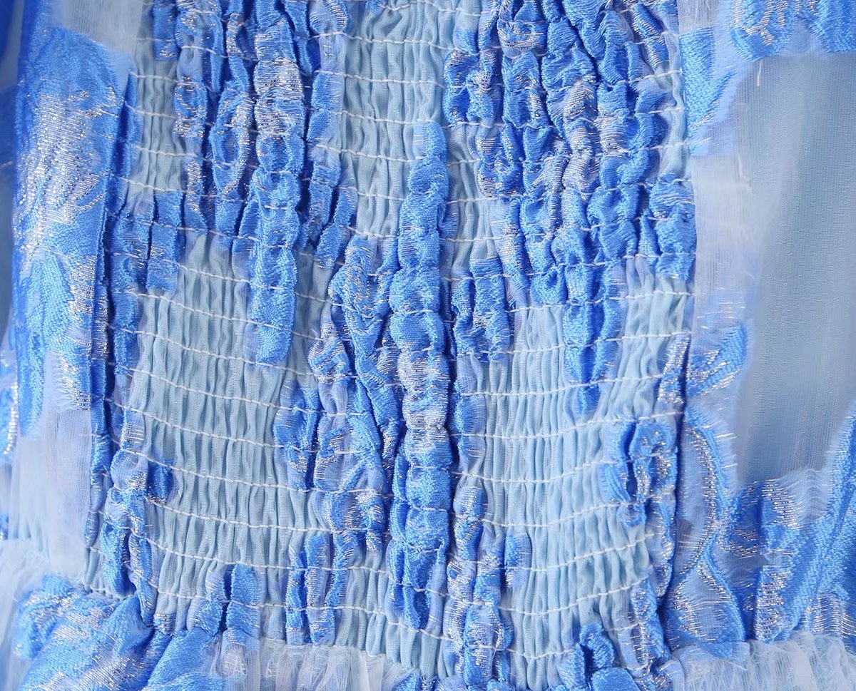 Gilded Embroidery Blue Flower Bubble Sleeve Chest Drawstring Princess Dress Sheer