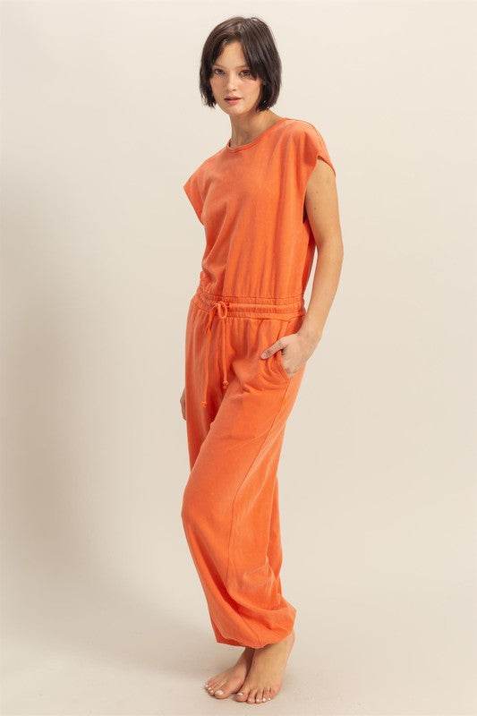HYFVE Back Keyhole Round Neck Cap Sleeve Drawstring Jumpsuit