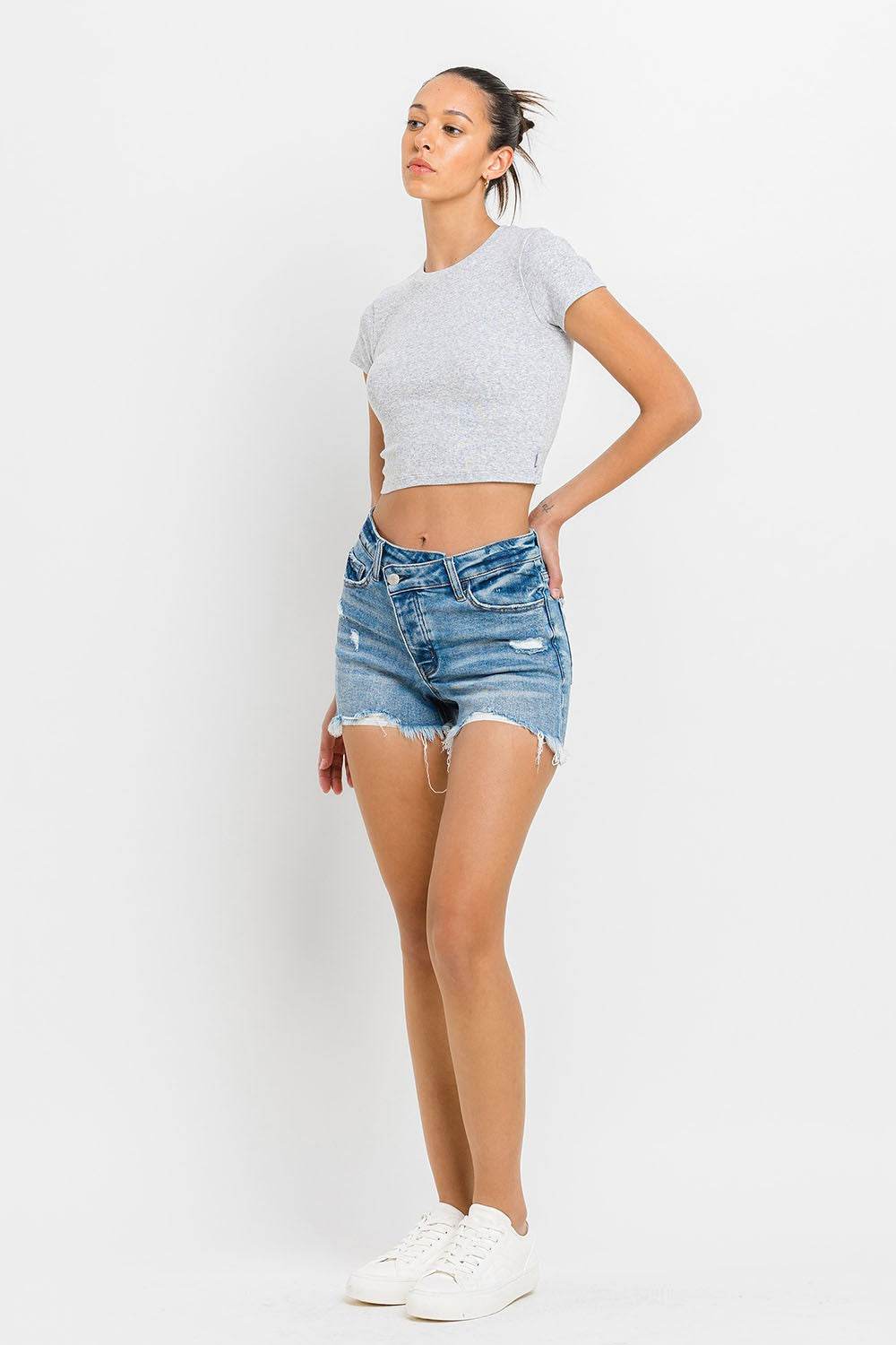 Lovervet Stepped Waist Raw Hem Denim Shorts