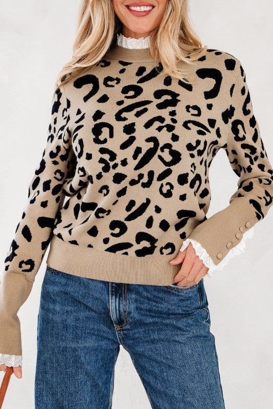 Leopard Lace Ribbed Trim Buttoned Cuff Sweater
