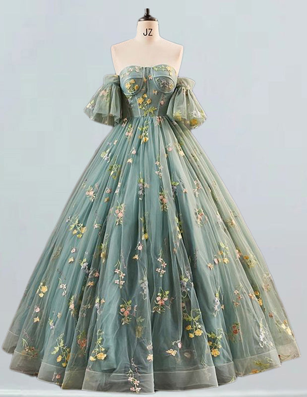 Floral Lace Ball Gown with Detachable Sleeves, Strapless Prom & Party Evening Dress