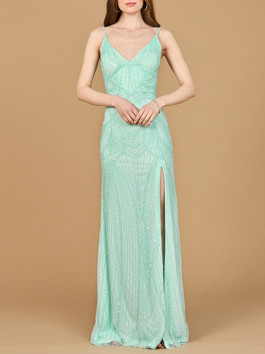 Beaded Lace-up Dress with Slit