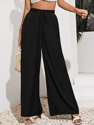 Summer Women High Waist Casual Trousers Solid Color Elastic Waist Lace-up Loose Wide-Leg Pants Women
