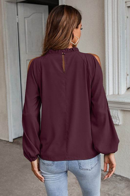 Open Shoulder Solid Loose Mock Neck Top