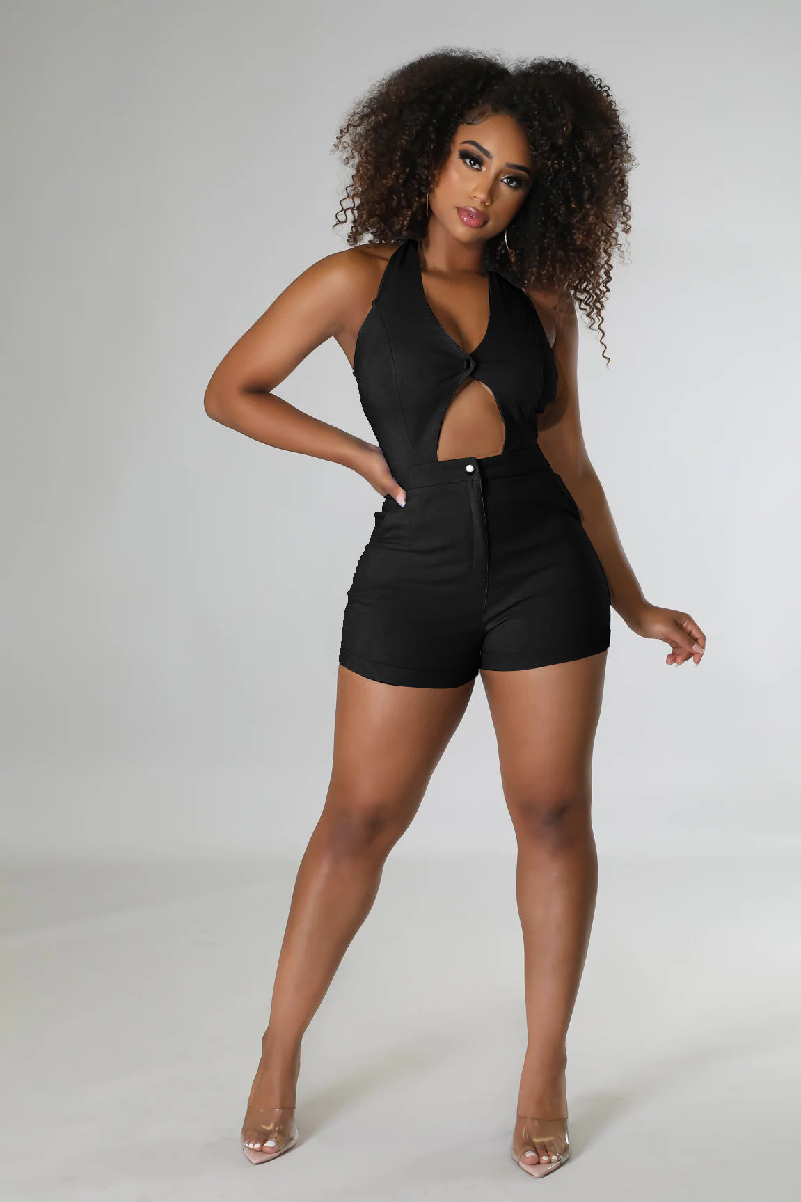Solid Color High Waist Sexy Hollow Out Cutout Sleeveless Lace-up Romper