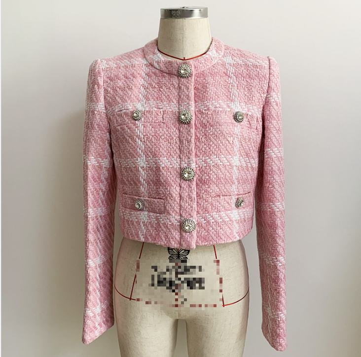 Autumn Winter High-Precision Fabric Diamond Button Classic Pink Plaid Woven Woolen Jacket Small Coat