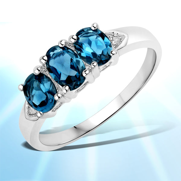 1.35 Carat Genuine London Blue Topaz and White Diamond .925 Sterling Silver Ring