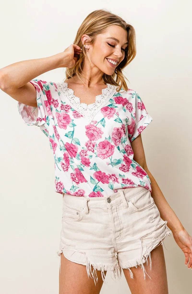 BiBi Rose Printed Poly Span with Crochet Lace Top