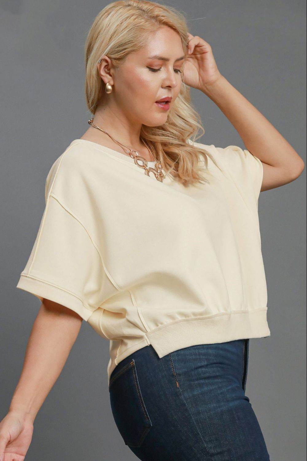 Umgee Full Size Lightweight Cropped Sweatshirt Plus Size