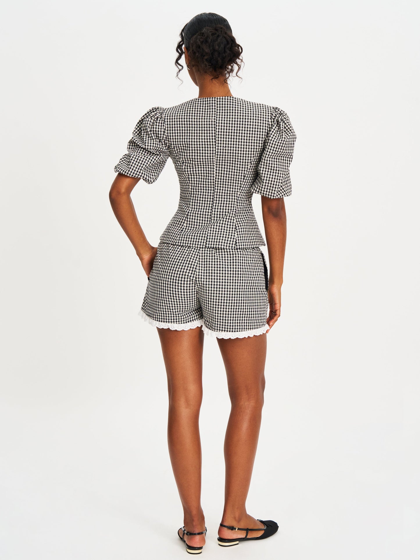 Qusayla Black Gingham Bubble Sleeve Bowtie Top