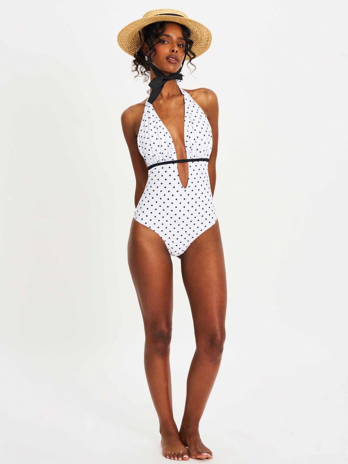 Olive White Base Polka Dot Ruched Halter Backless Swimsuit