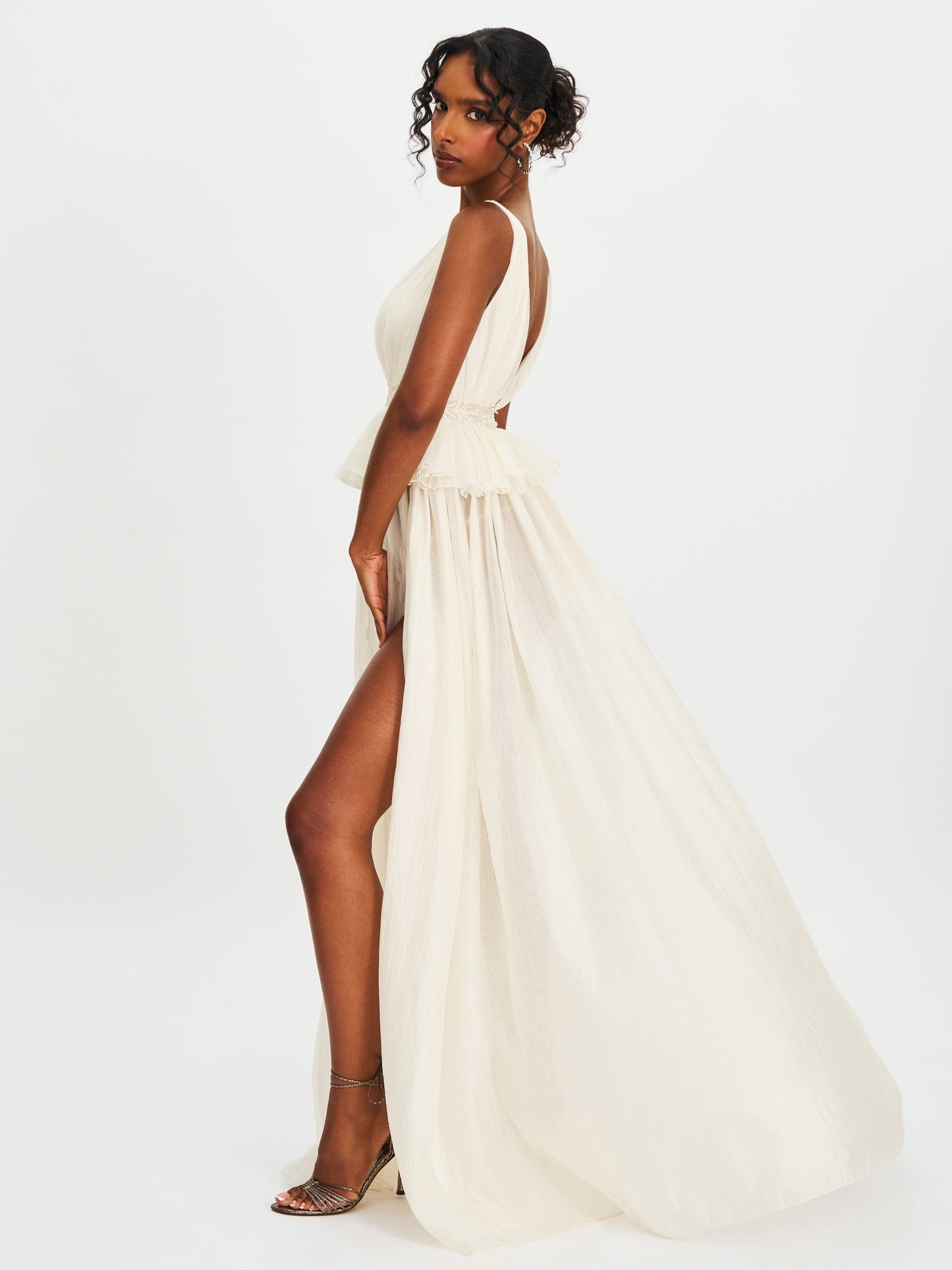 Calleigh Off White Flare Beaded Belt Maxi Gown