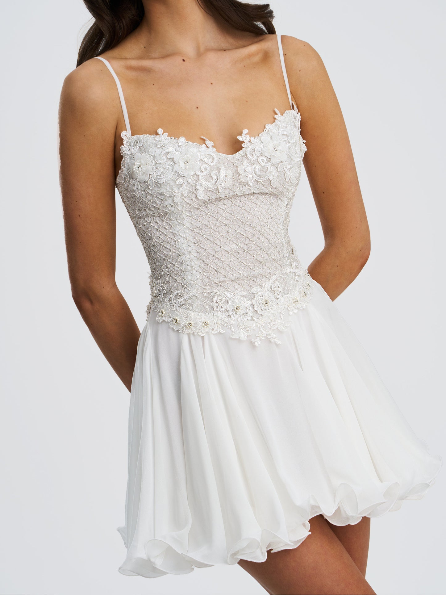 Fabiola Lace Trim Silver Net Top Mini Flare Chiffon Dress