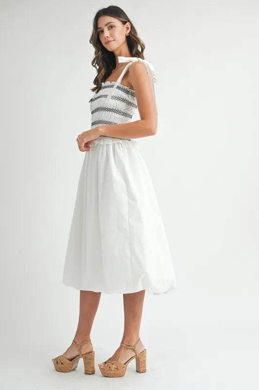 MABLE Smocked Bodice Bubble Midi Dress