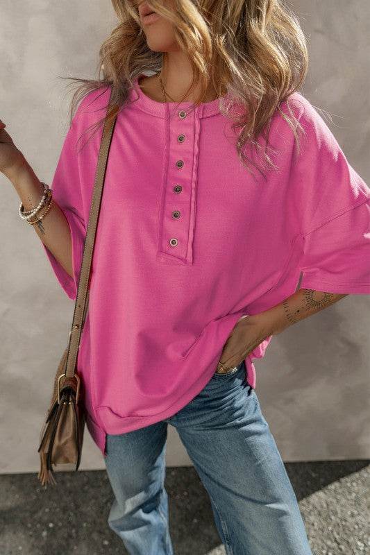 Aliana Exposed Seam Button Neck Wide Sleeve Tunic