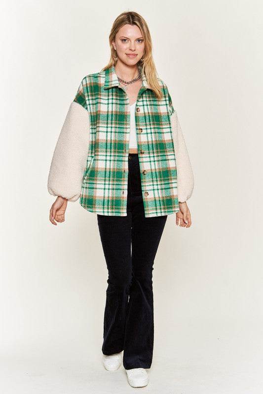 Multi plaid fuzzy sleeve jacket JJO1023