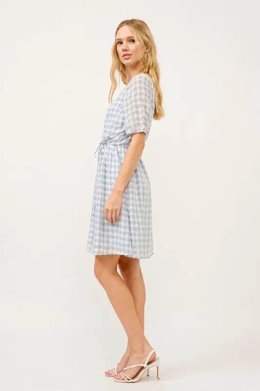 And The Why Puff Sleeve Ruched Button Front Gingham Dress