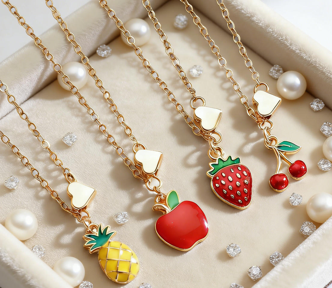 Alloy Cherry Strawberry Apple Pineapple Fruit Bracelet Necklace Jewelry Set