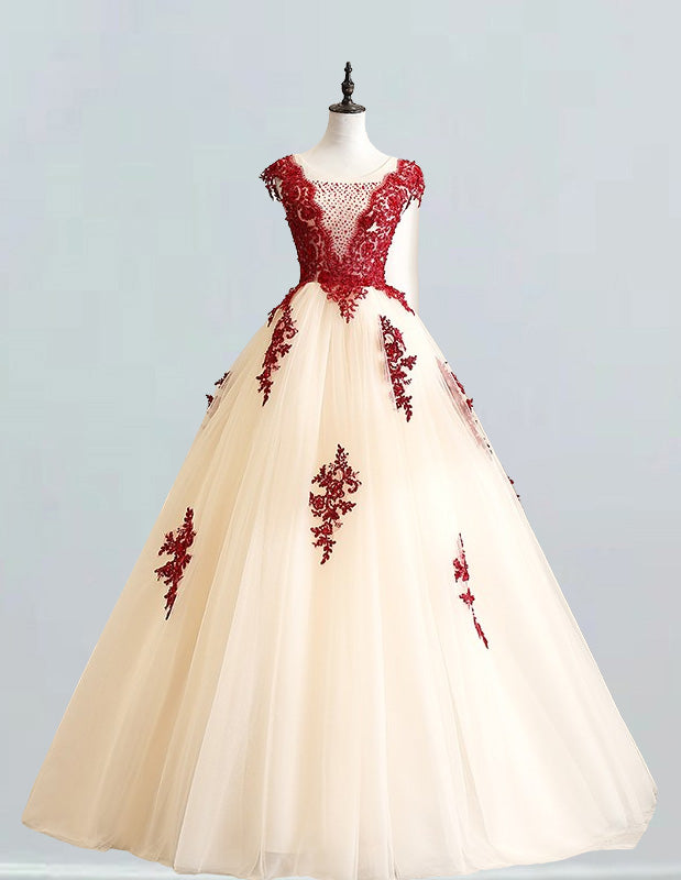 Champagne Tulle Evening Gown with Beaded Lace | Scoop Neck Prom Dress