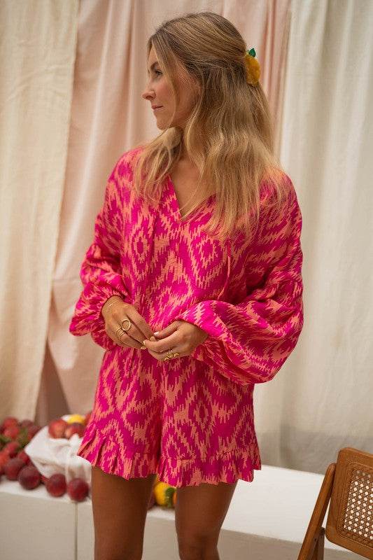 Aztec Geometric Print Top and Ruffled Shorts Set
