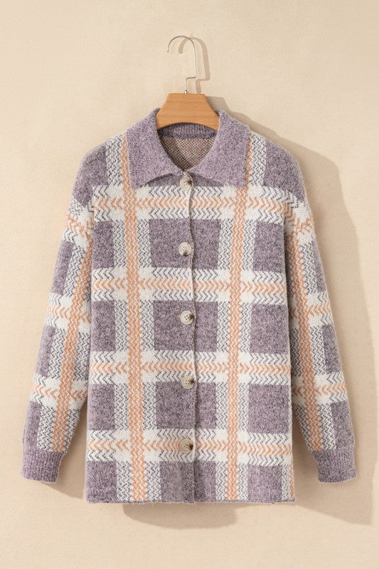 Plaid Button-Up Collared Fuzzy Cardigan