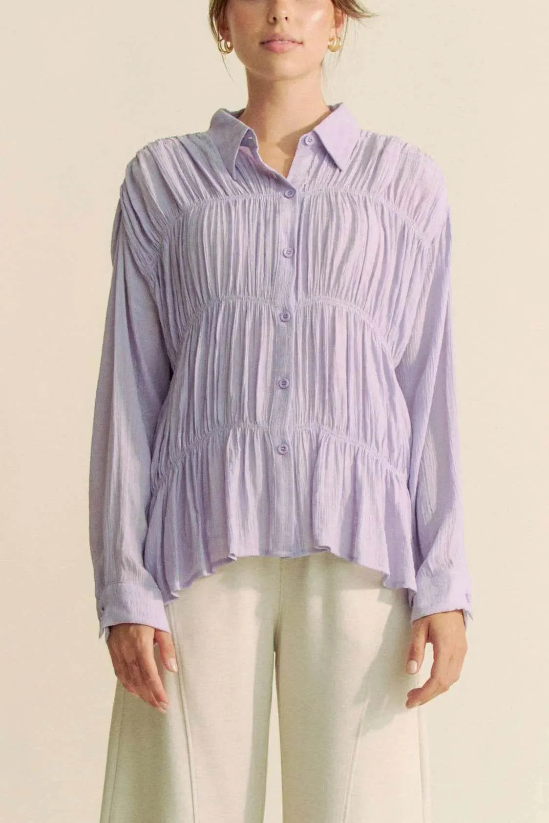 Davi & Dani Ruched All Over Button Front Shirt