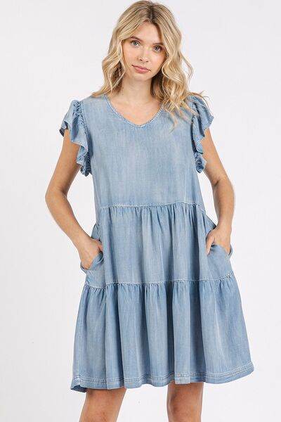 Mittoshop V-Neck Ruffled Cap Sleeve Mini Dress