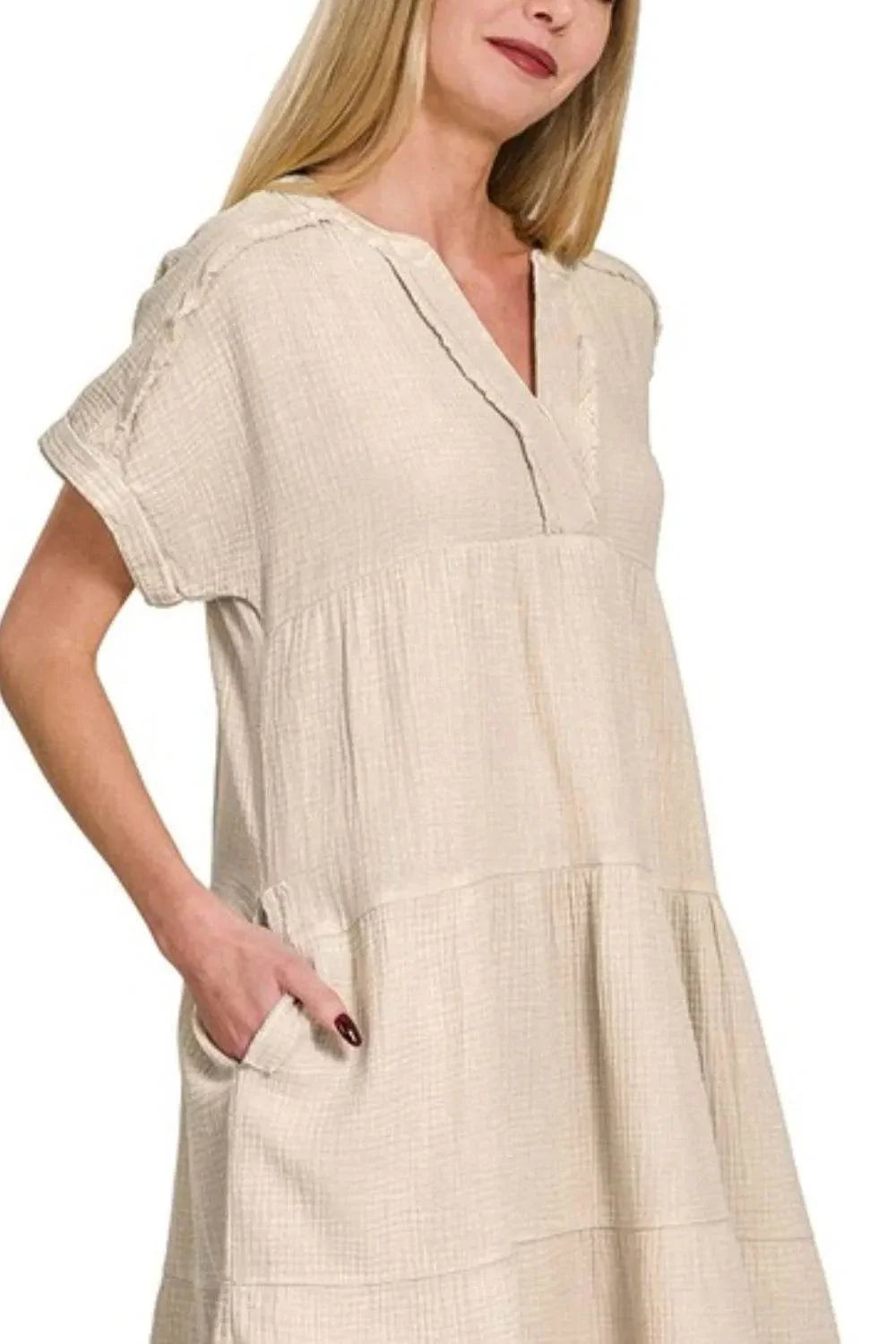 Zenana Washed Double Gauze Raw Edge V-neck Dress