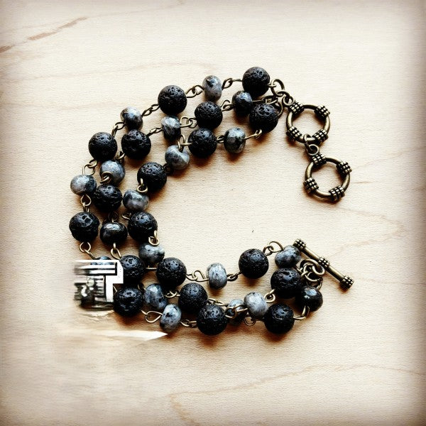 Labradorite and Lava Triple Strand Bracelet